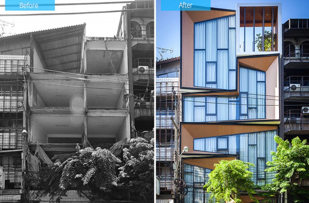 before and after showing the exterior of a building